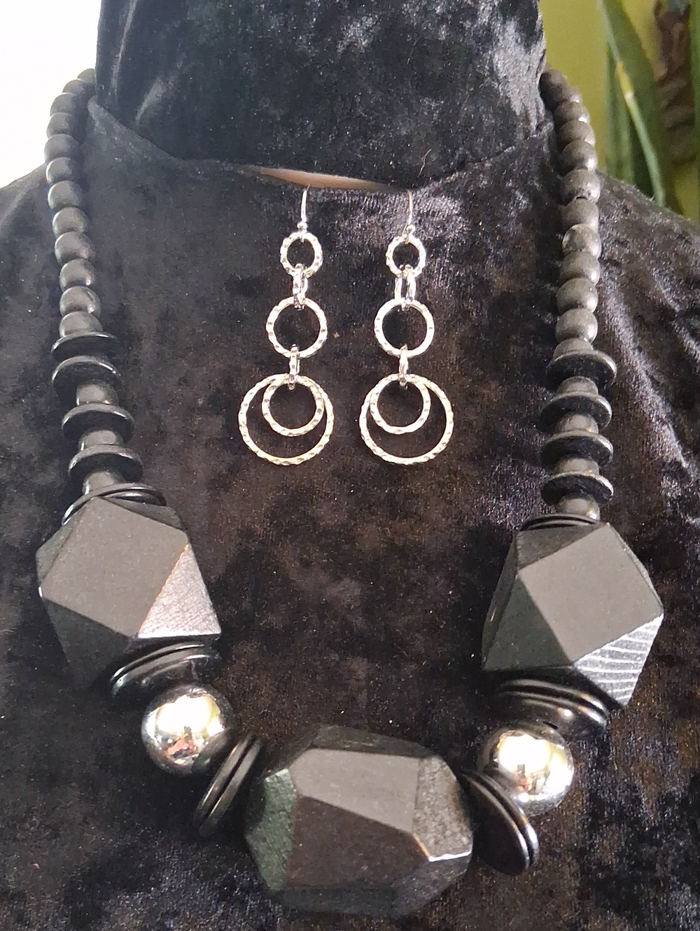Costa Black Geometric Bead Necklace with Silver Hoop Drop Earrings